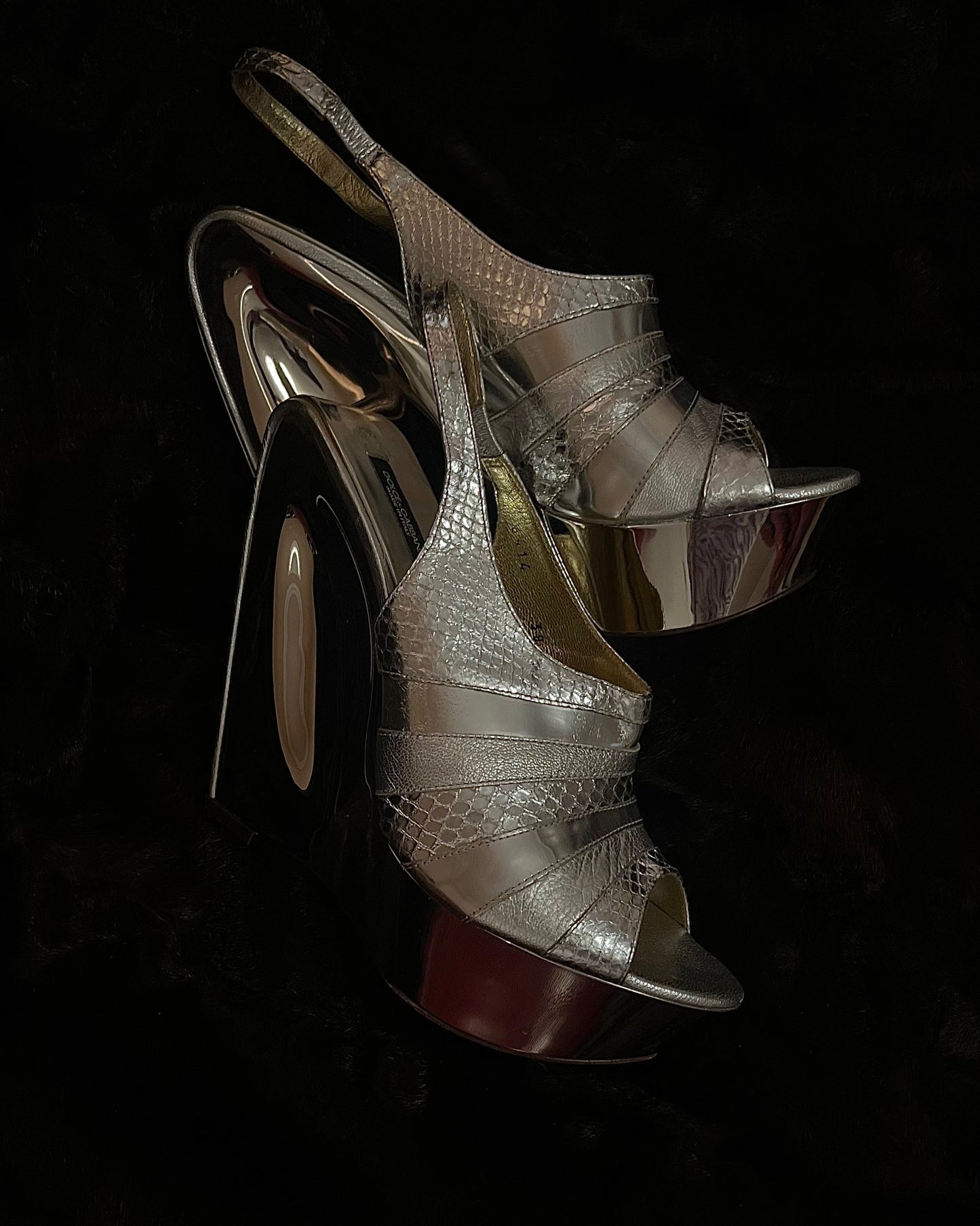 Dolce & Gabbana Peep Toe Metal and Silver Mirrored Wedge Heels