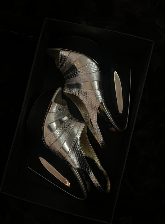 Dolce & Gabbana Peep Toe Metal and Silver Mirrored Wedge Heels