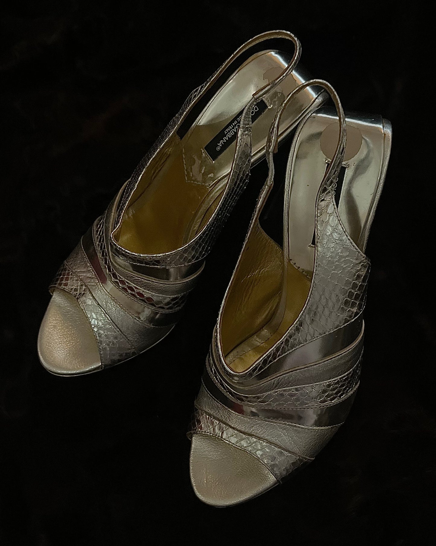 Dolce & Gabbana Peep Toe Metal and Silver Mirrored Wedge Heels