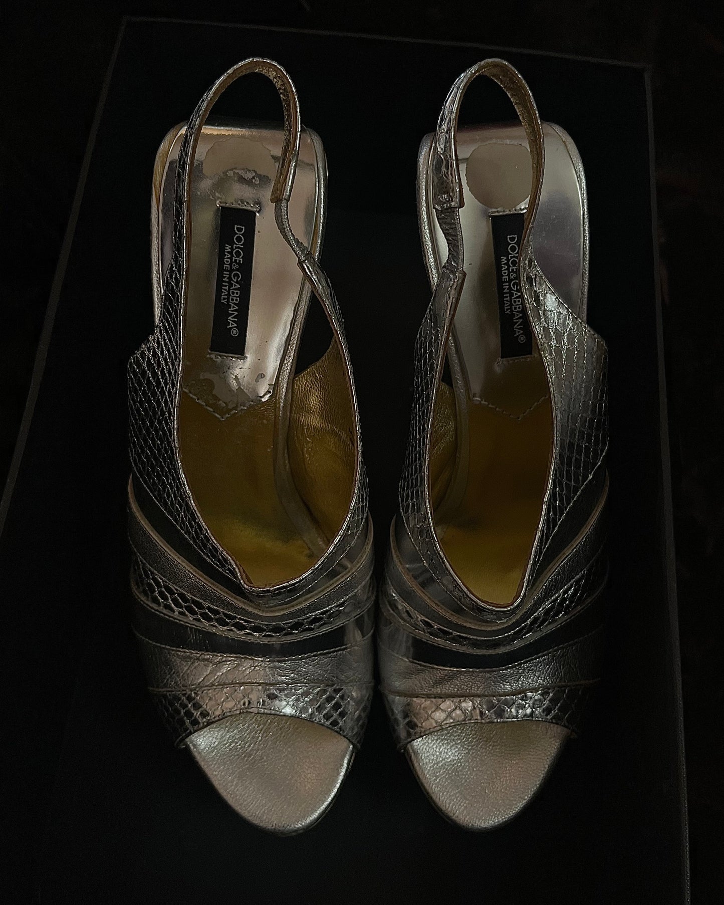 Dolce & Gabbana Peep Toe Metal and Silver Mirrored Wedge Heels