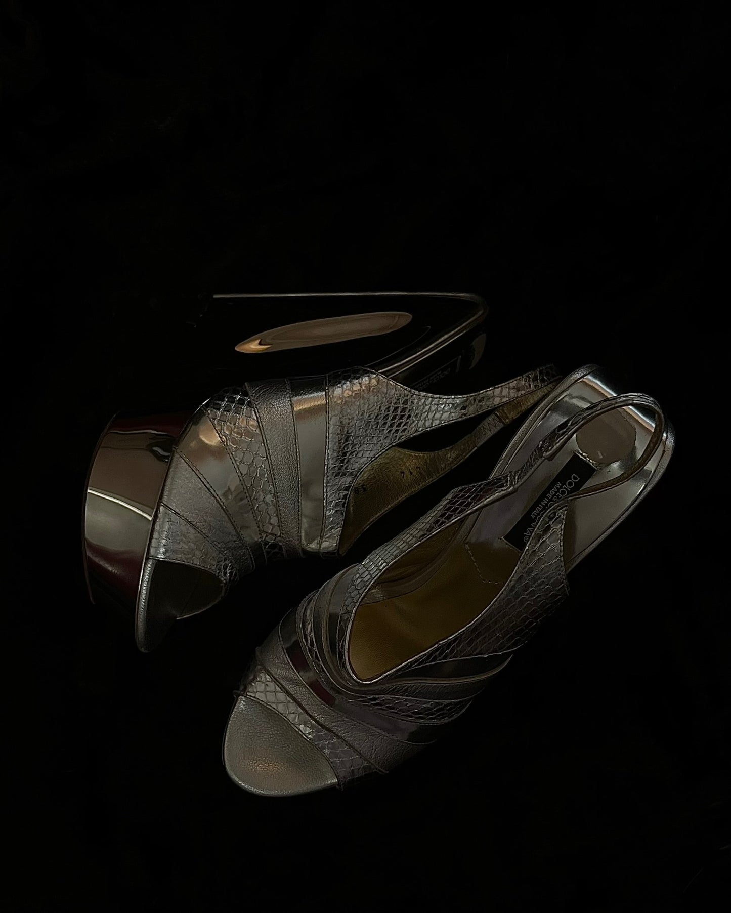Dolce & Gabbana Peep Toe Metal and Silver Mirrored Wedge Heels