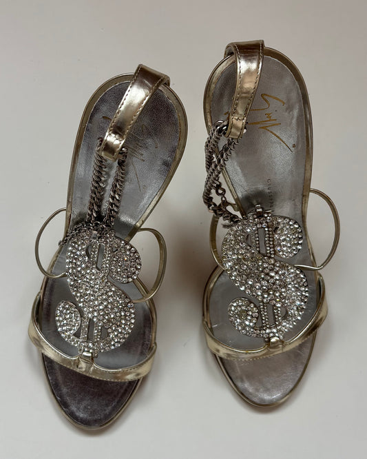 Giuseppe Zanotti Silver Metallic Swarovski Crystal Dollar Sign Heels