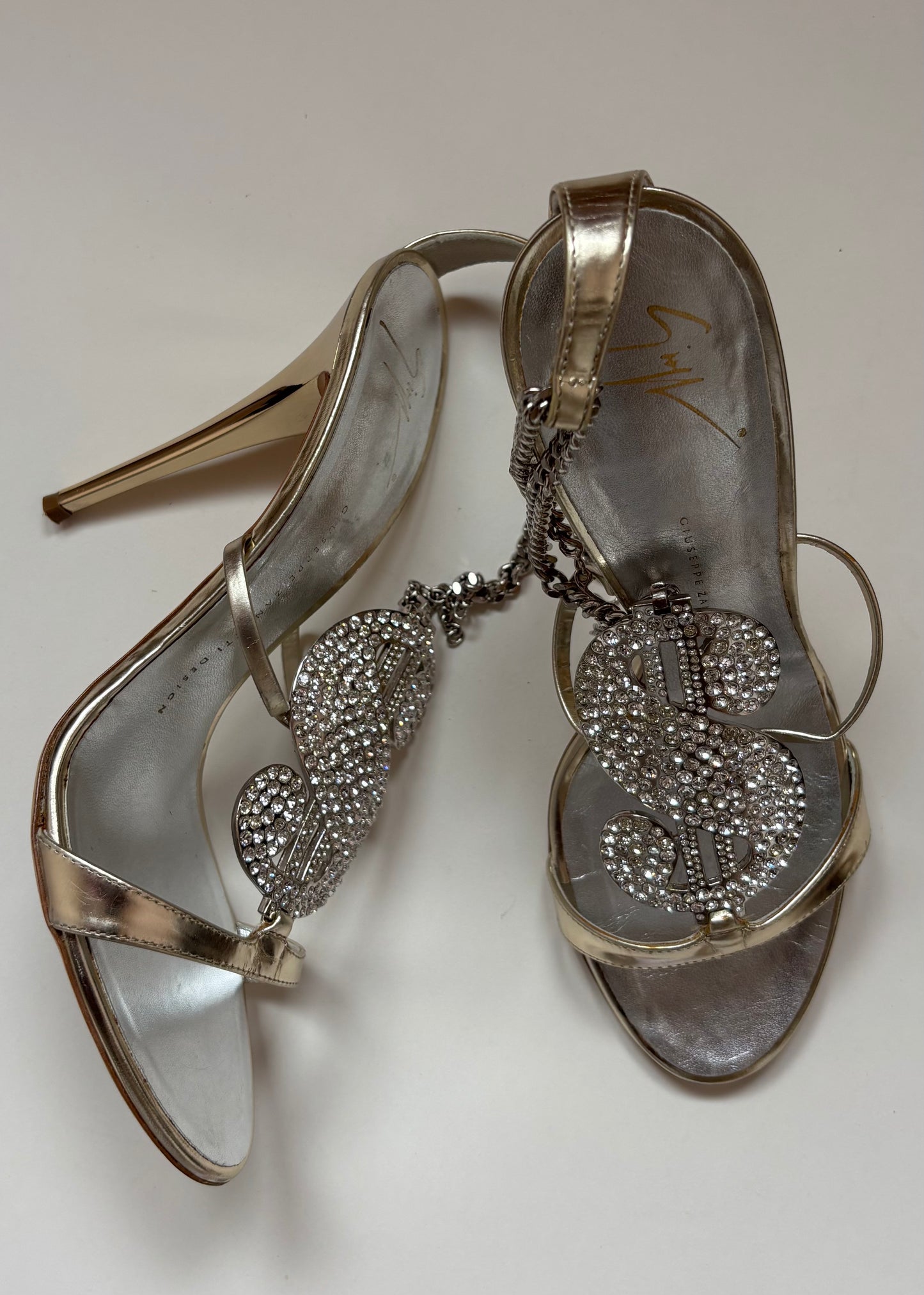Giuseppe Zanotti Silver Metallic Swarovski Crystal Dollar Sign Heels