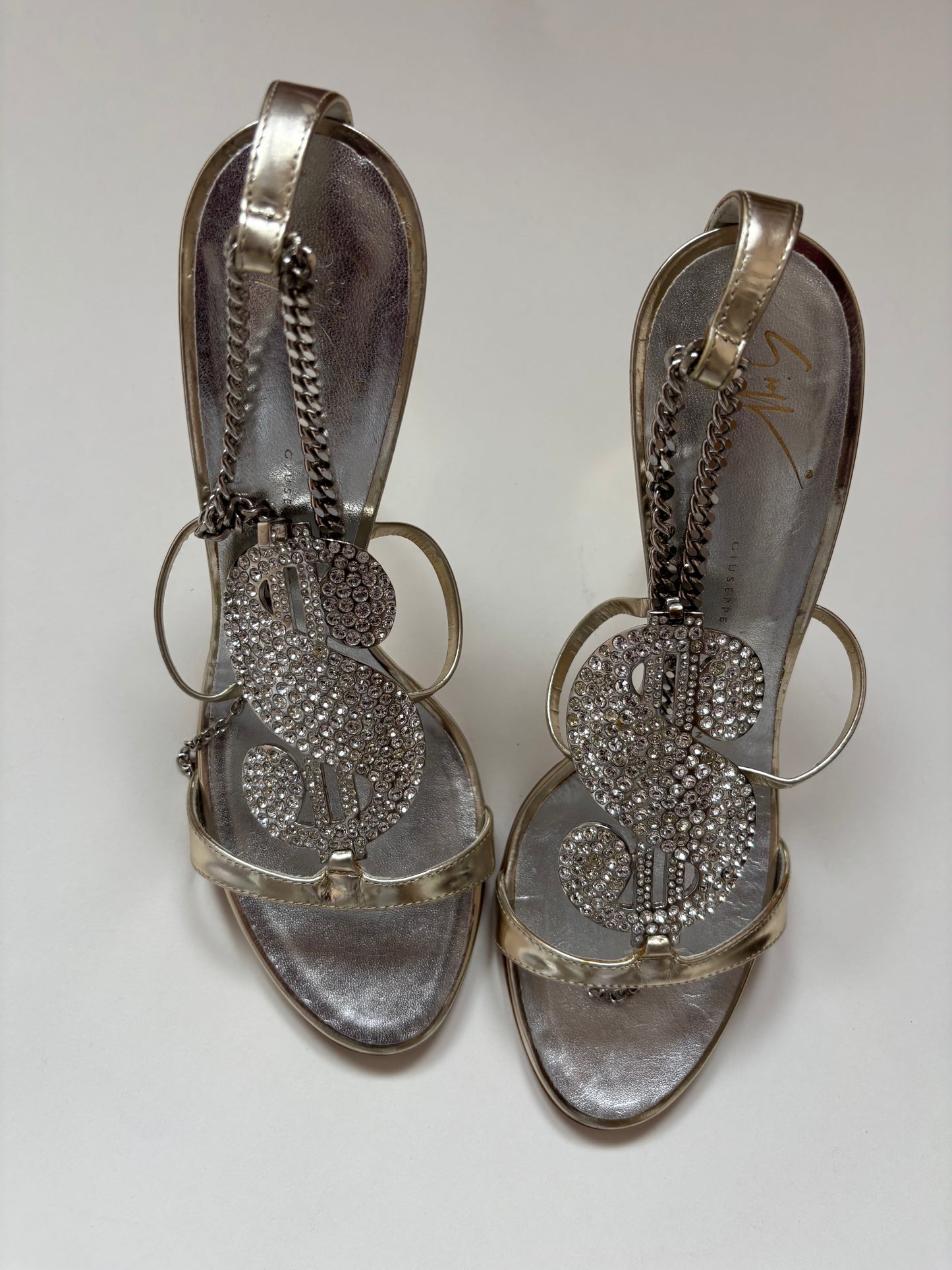 Giuseppe Zanotti Silver Metallic Swarovski Crystal Dollar Sign Heels